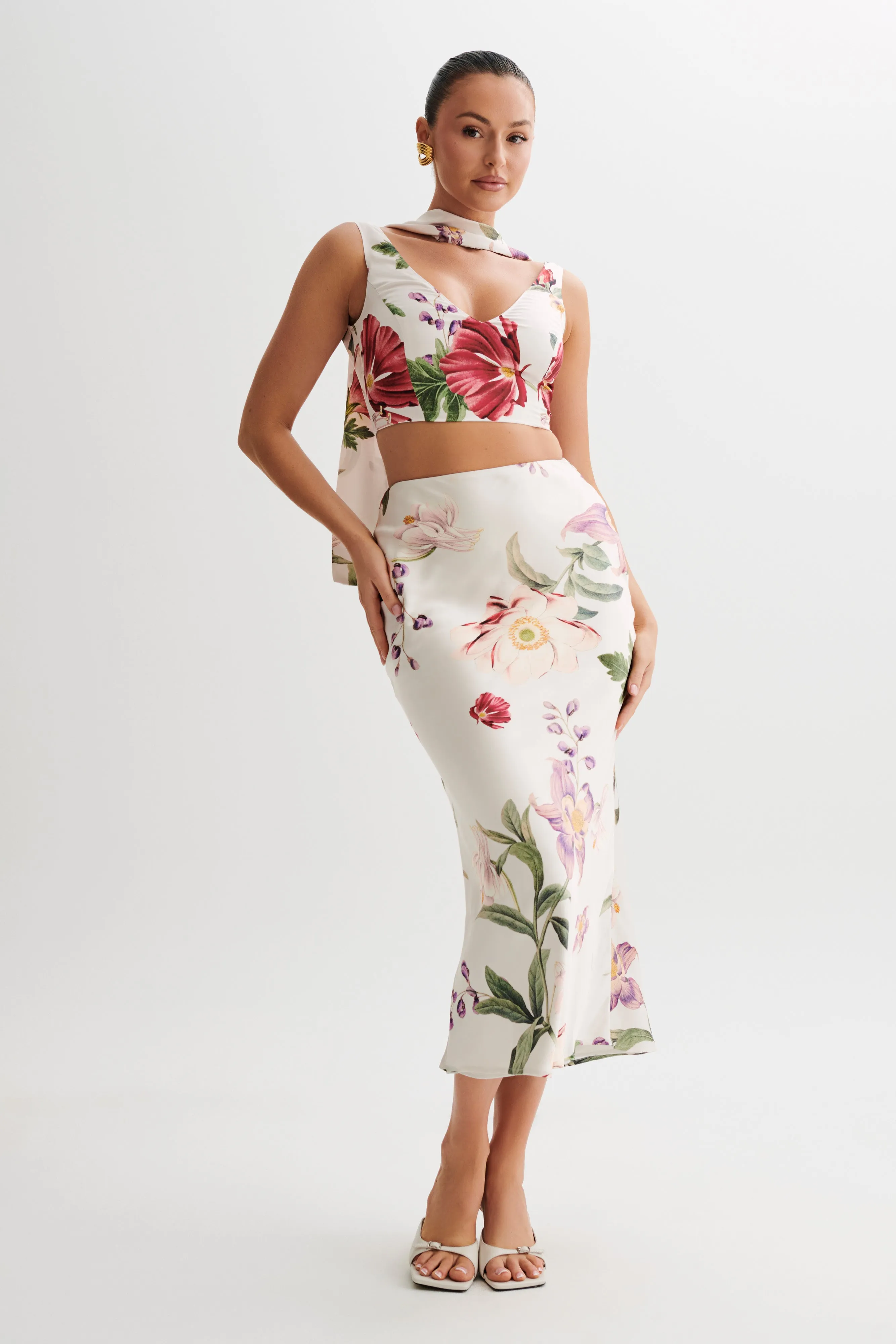 Carla Satin Sleeveless Top With Scarf - Bella Rosa Print Airflow Ventilation Sleeveless Top