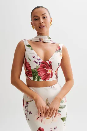 Double Layered Hem Reinforcement Carla Satin Sleeveless Top With Scarf - Bella Rosa Print