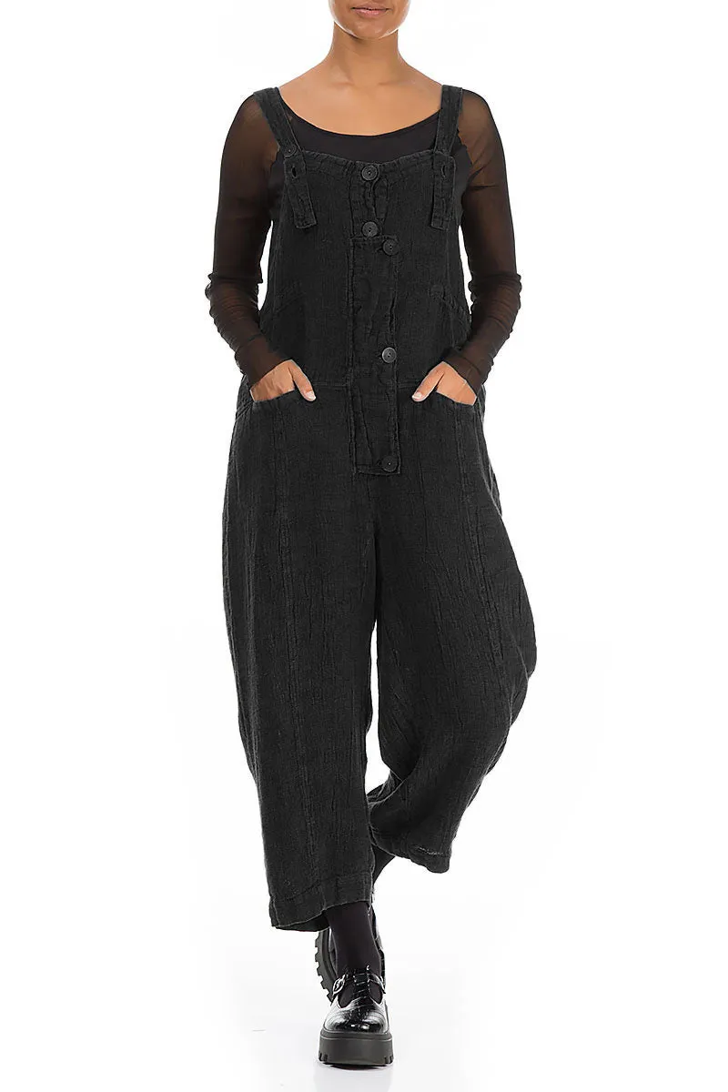 Stretch Comfort No Gap Waist Construction Strappy Black M??lange Linen Jumpsuit