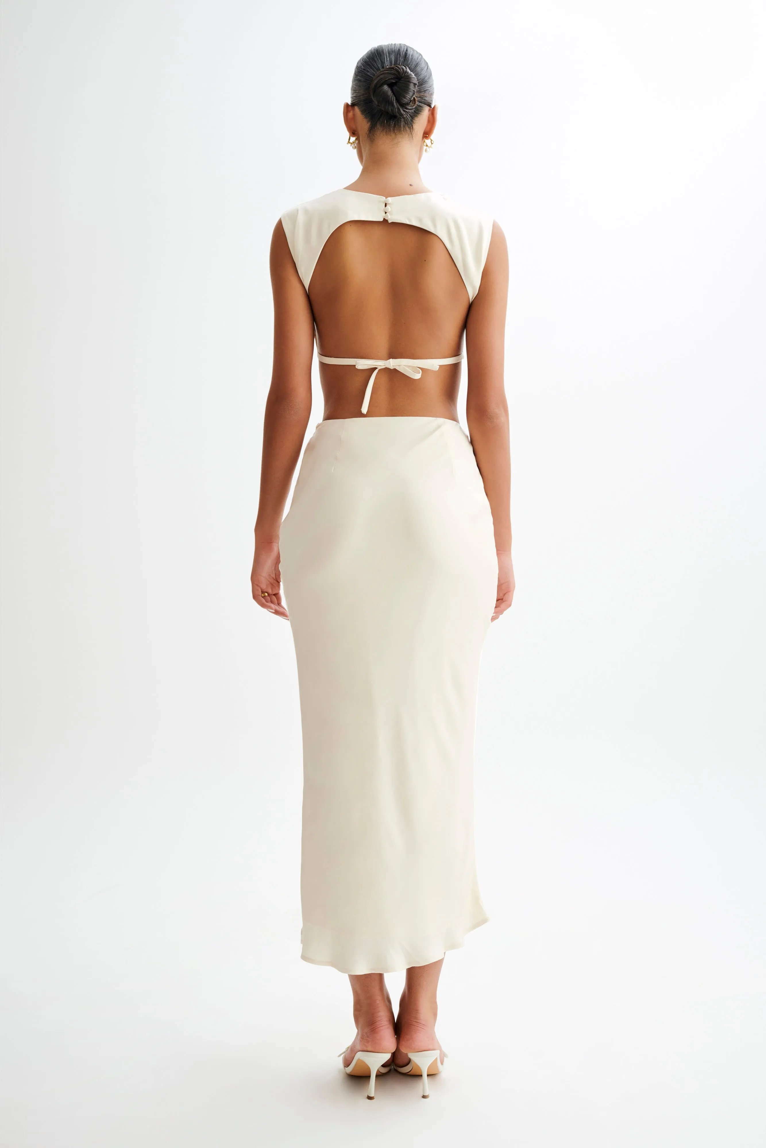 Viviana Satin Maxi Skirt - Ivory LowProfileWaistband Stylish Comfort