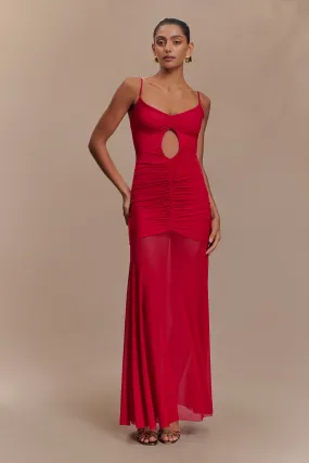 Bold Color Delaney Slinky And Mesh Maxi Dress - Red