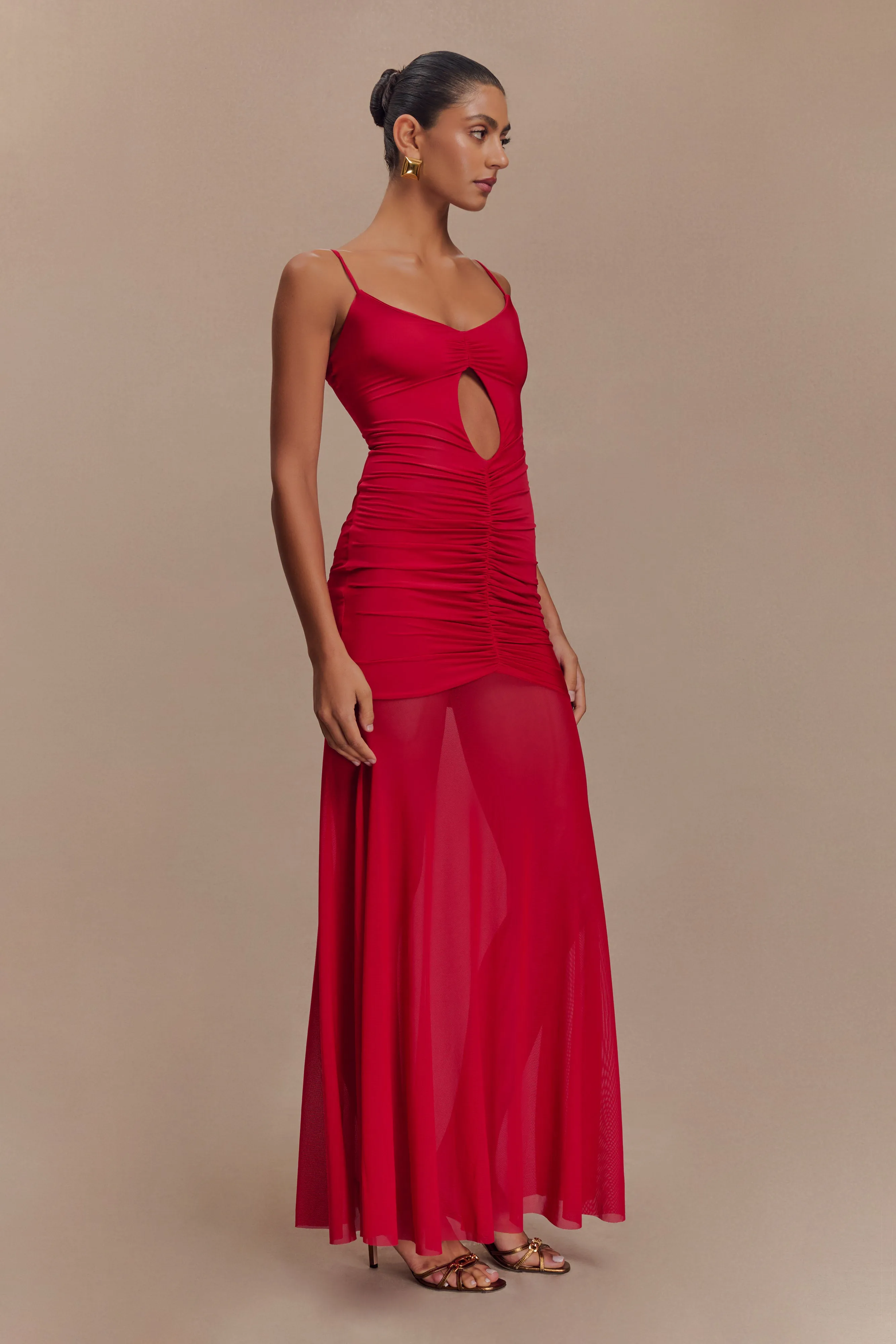 Classic Mood Blue Sky Delaney Slinky And Mesh Maxi Dress - Red