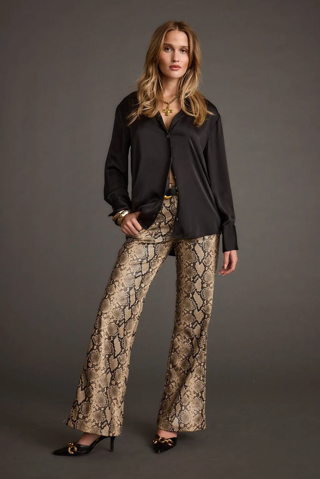 Cash Black Satin Button Down Top Wrinkle Free Texture