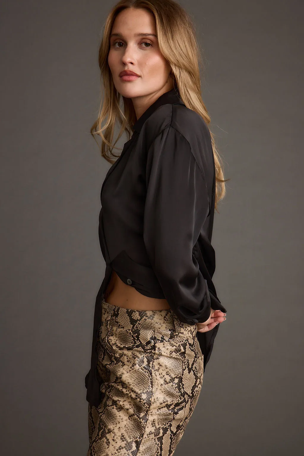 Cash Black Satin Button Down Top Rubberized grip