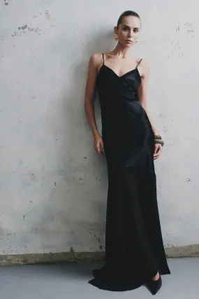 Evelyn Iridescent Satin Maxi Dress - Black Silky Mood Tonal-Stitching