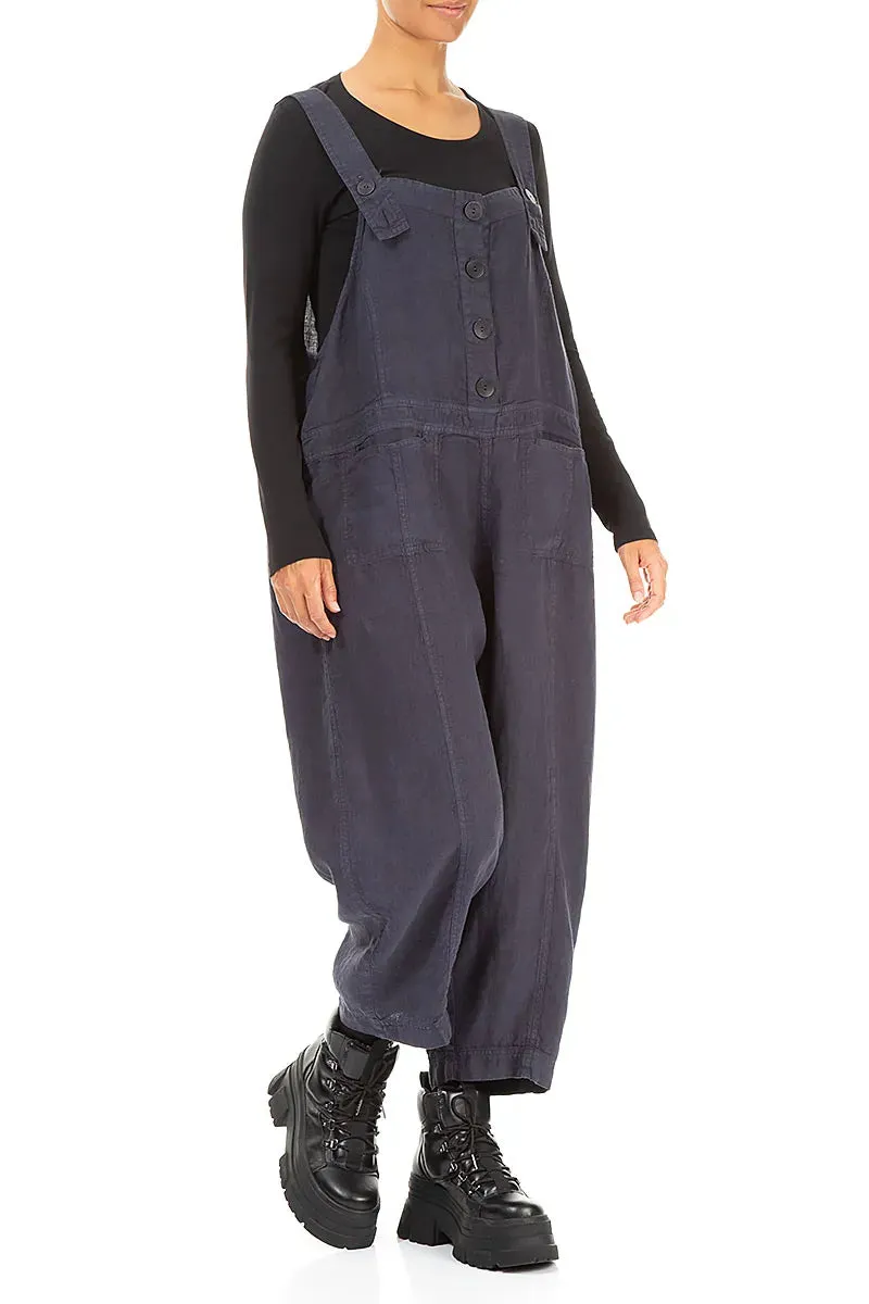Curved Waistline Sport Wear Fit Two Pockets Slate Blue Linen Jumpsuit