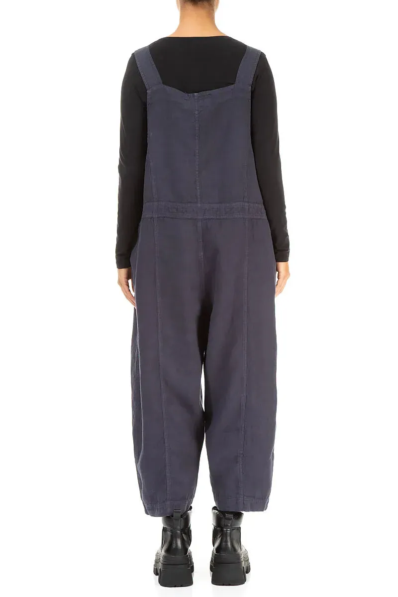 Two Pockets Slate Blue Linen Jumpsuit Sport Fit