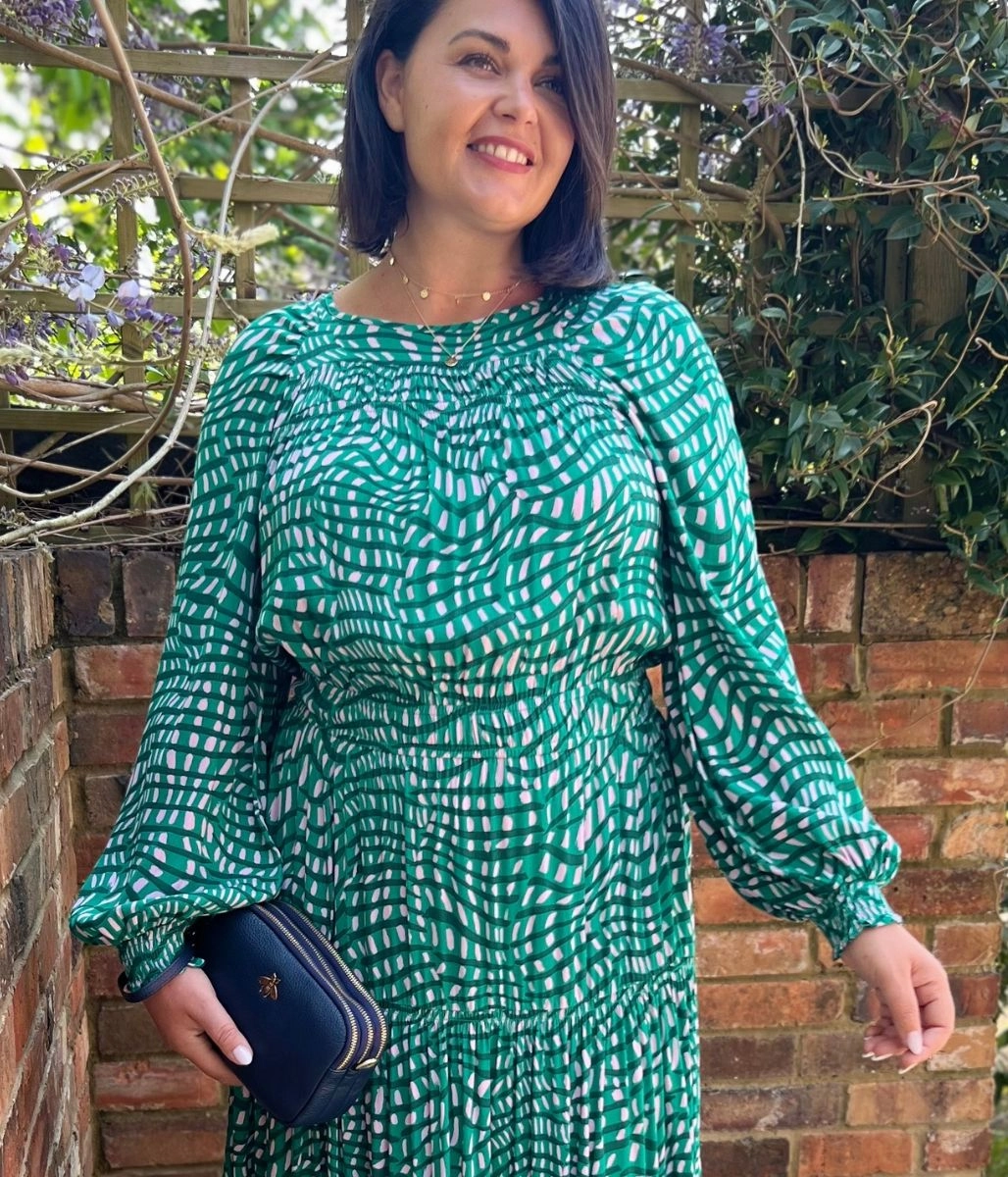 Wavy Green & Pink Midi Dress Wrap-Style Fall Layer