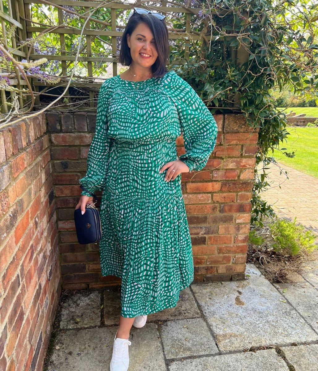 Wavy Green & Pink Midi Dress Abstract Pattern