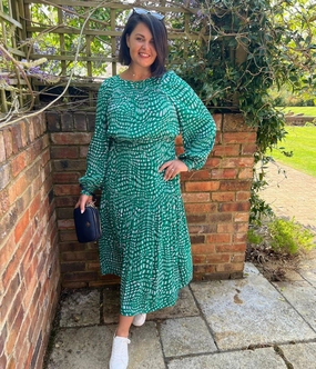 Wavy Green & Pink Midi Dress Abstract Pattern
