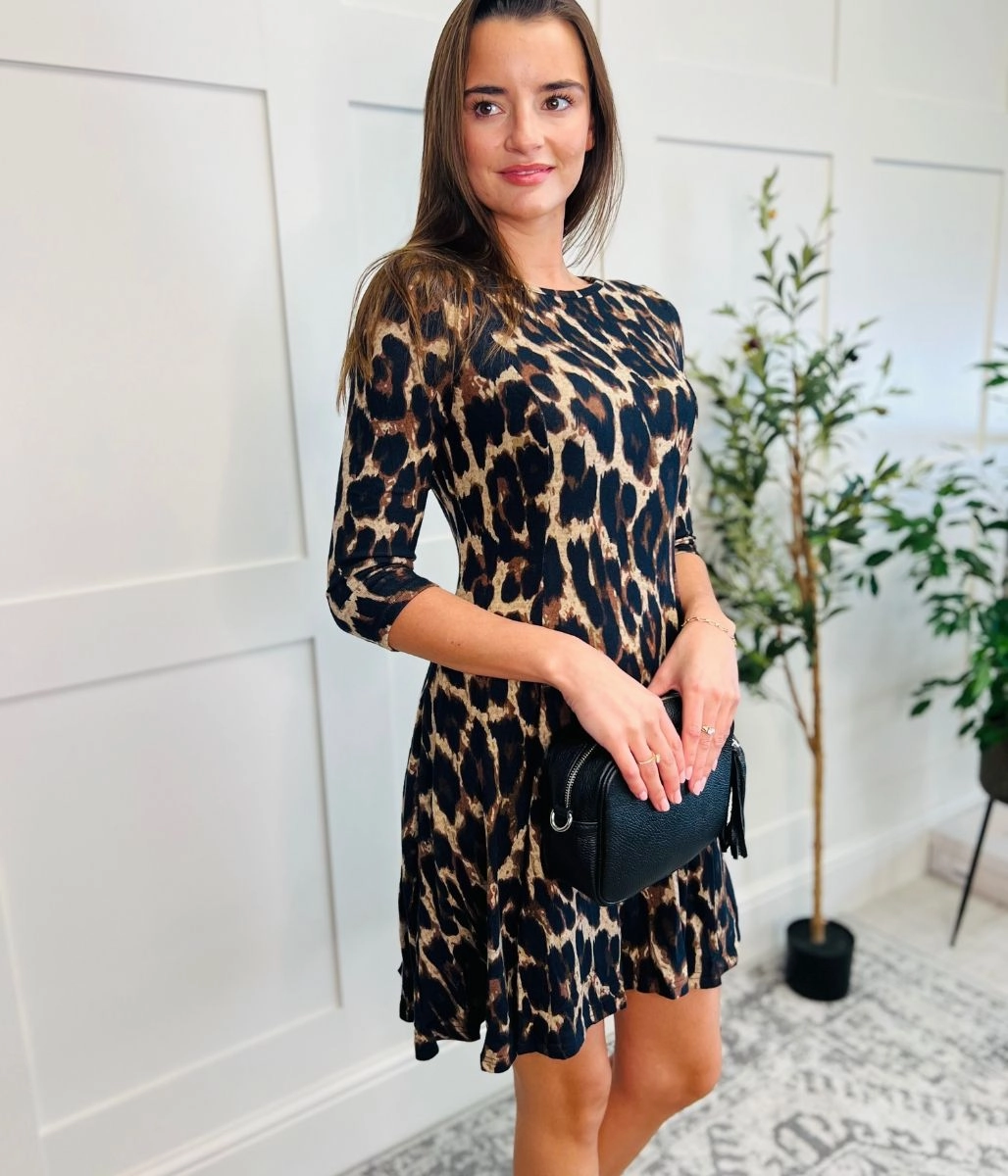 Airy Silk Leopard Print Paneled Swing Dress
