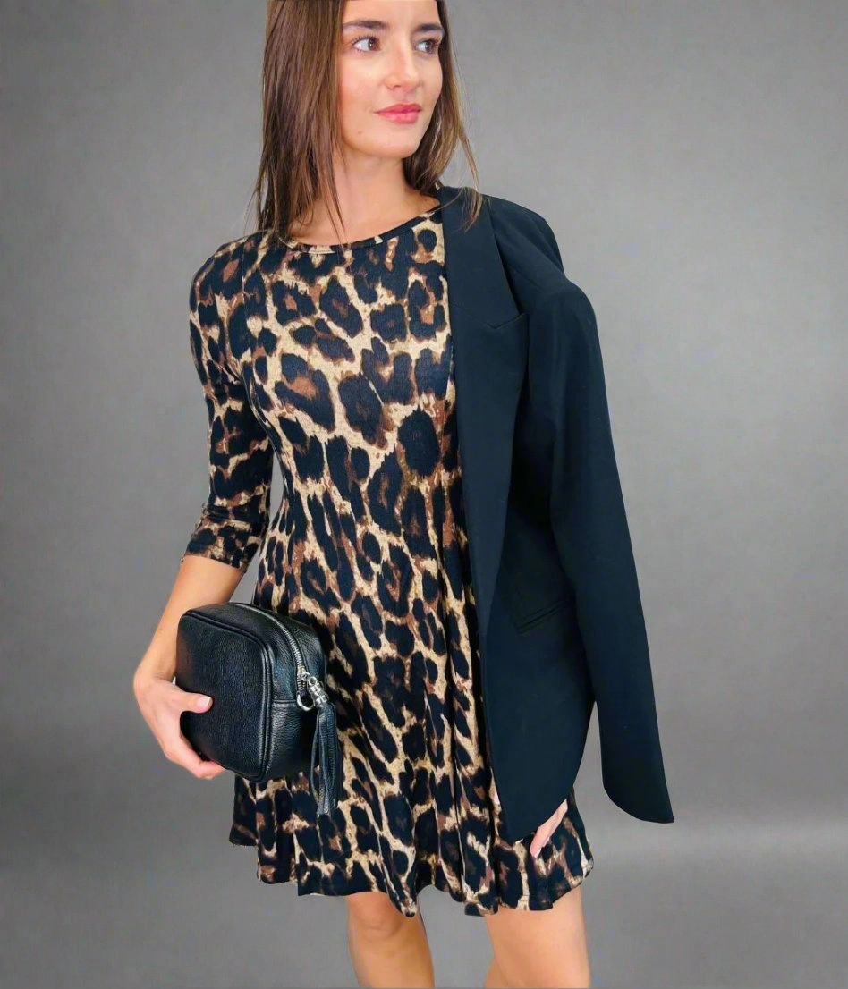 Leopard Print Paneled Swing Dress Chic Direction Matte-finish