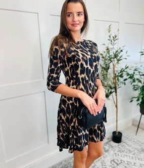 Airy Silk Leopard Print Paneled Swing Dress