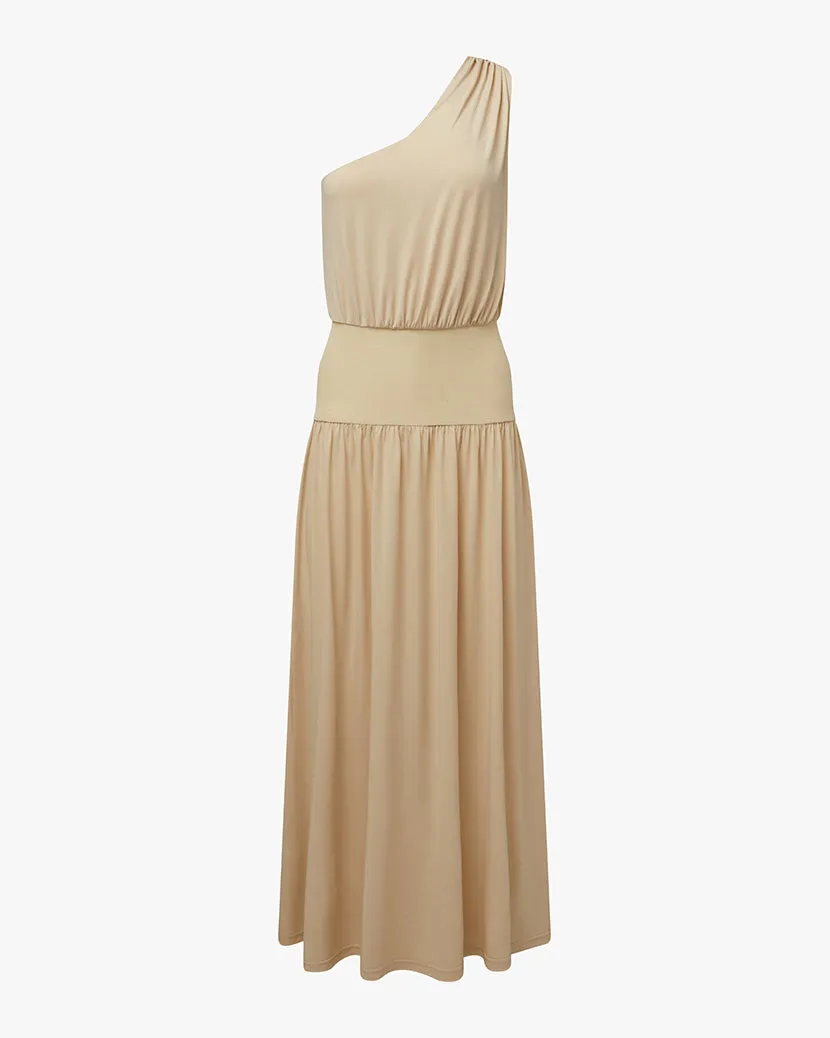 One Shoulder Maxi Dress Front Ruffle Polished Layer