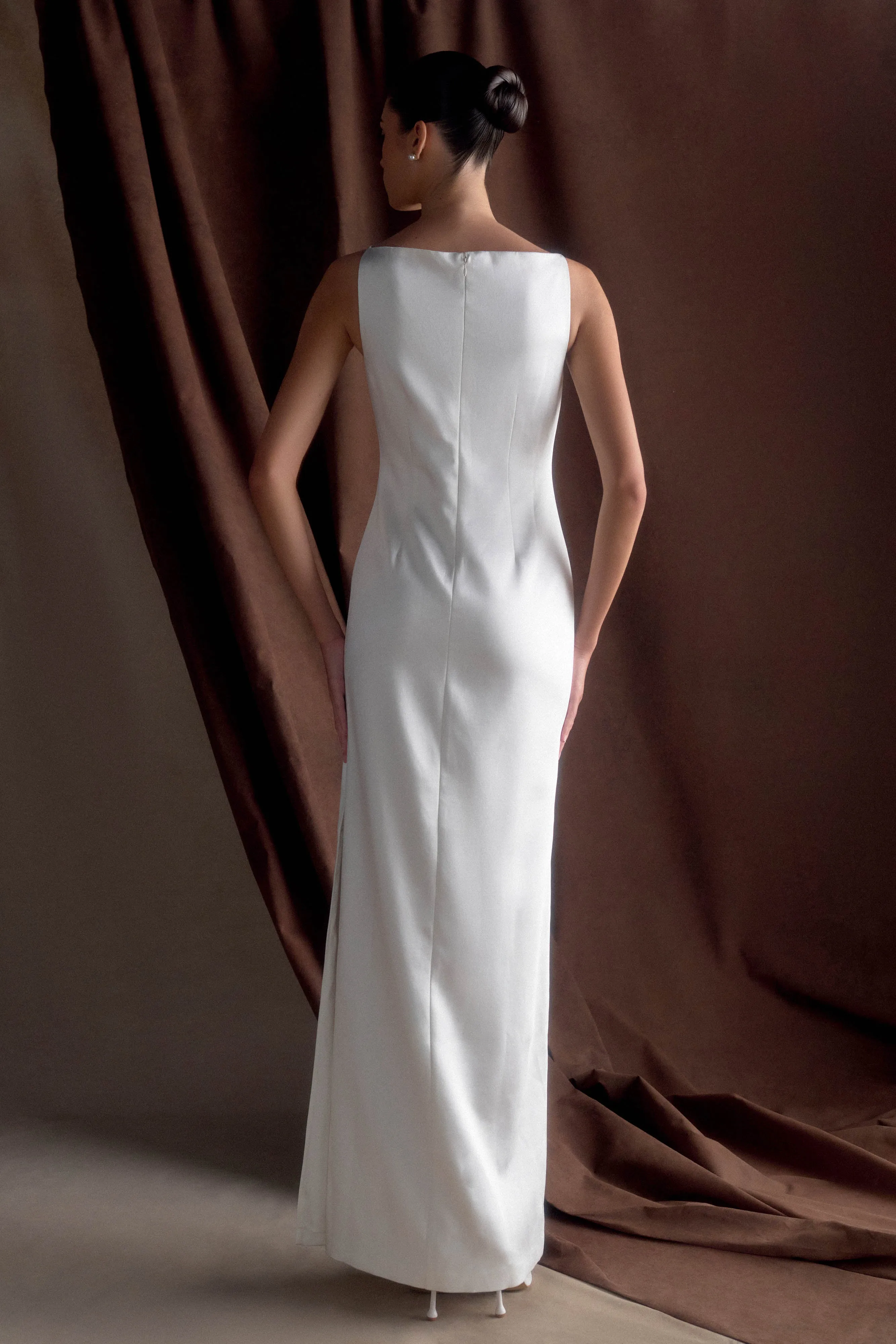 Violet Sleeveless Satin Maxi Dress - White Statement Look Smooth-Lining