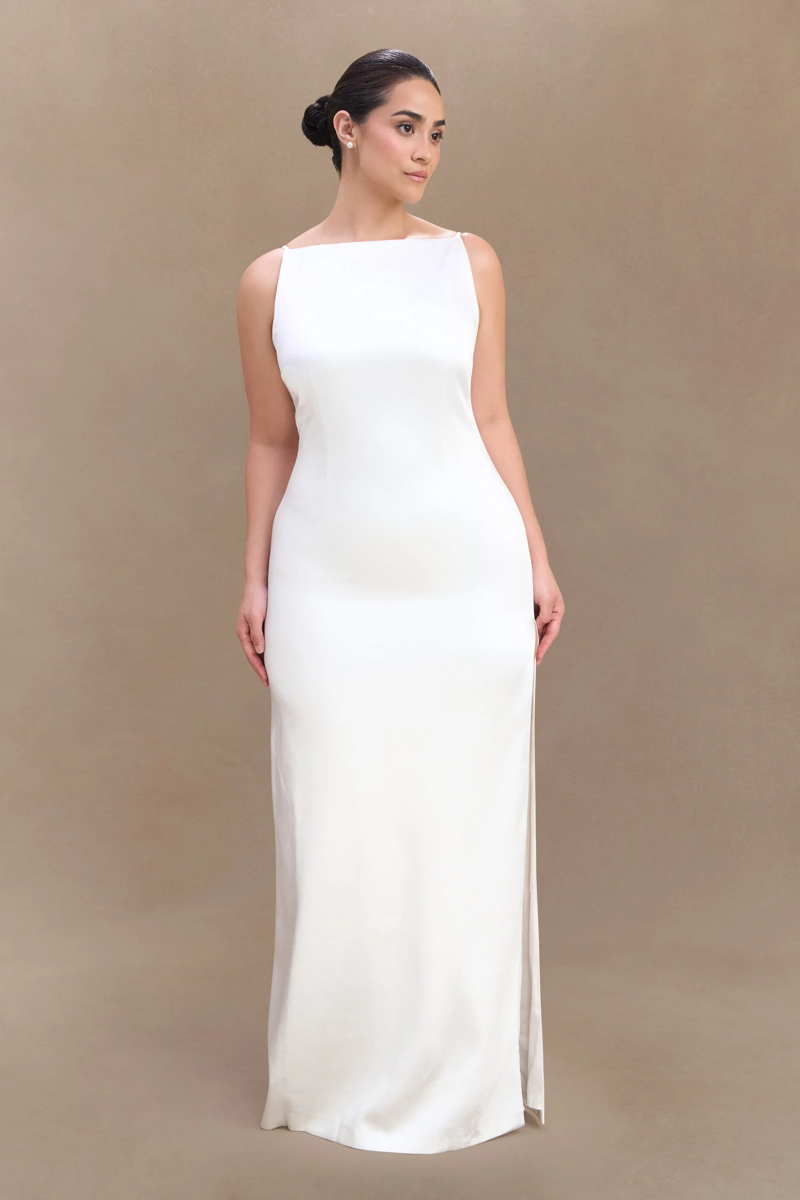 Violet Sleeveless Satin Maxi Dress - White Youthful Look Smooth Shape