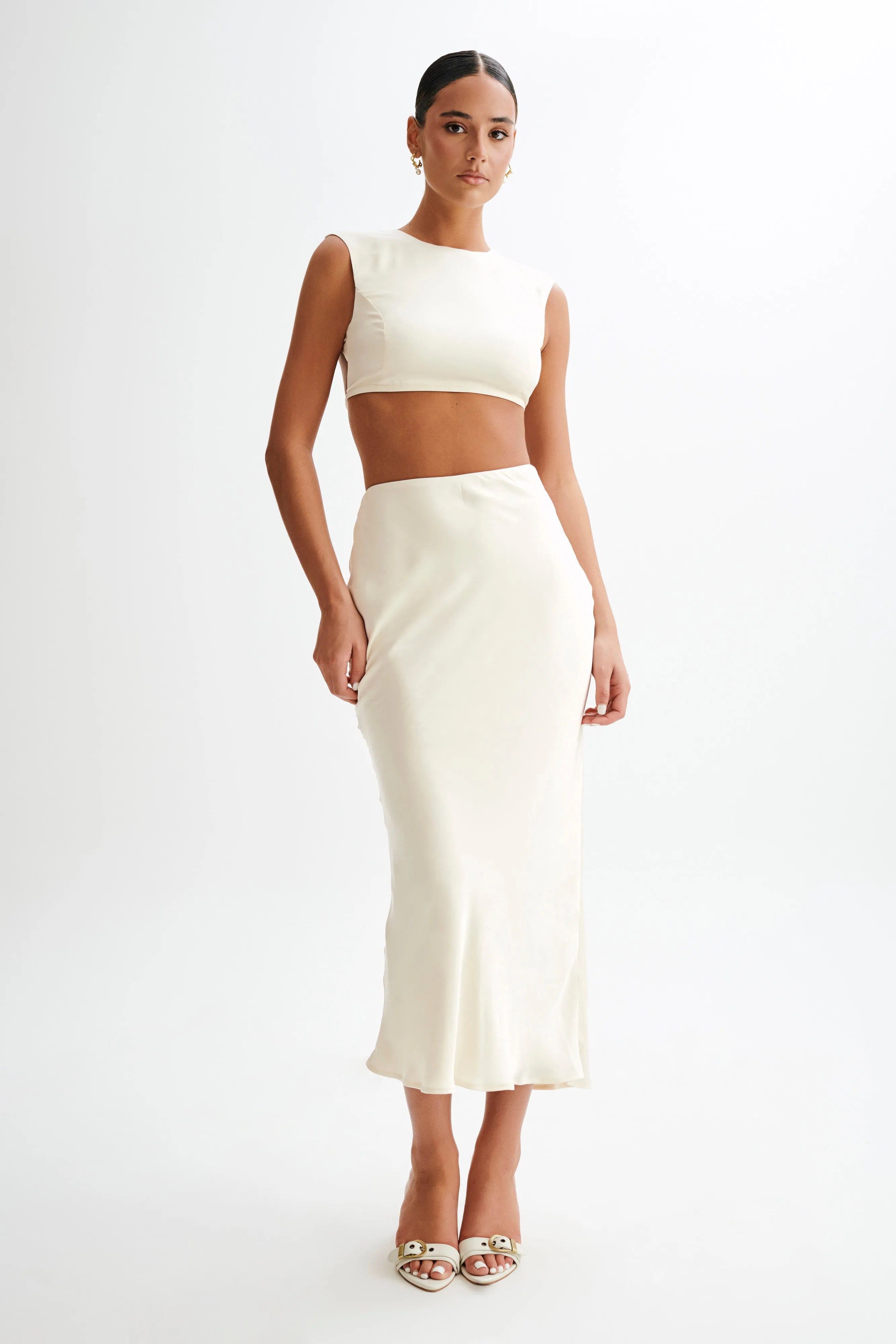 Layered Look Viviana Satin Sleeveless Crop Top - Ivory
