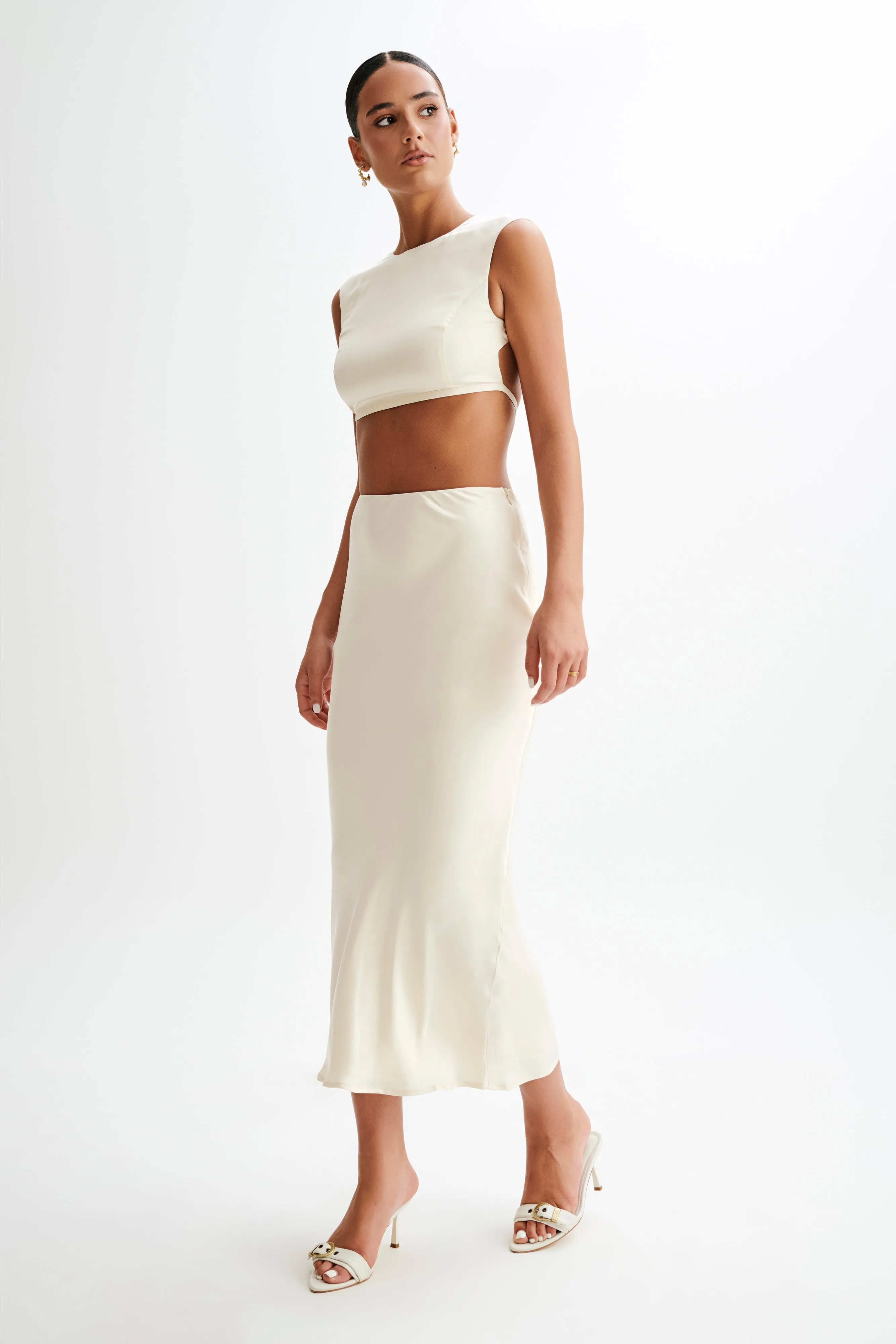 Viviana Satin Sleeveless Crop Top - Ivory Subtle Texture Weave