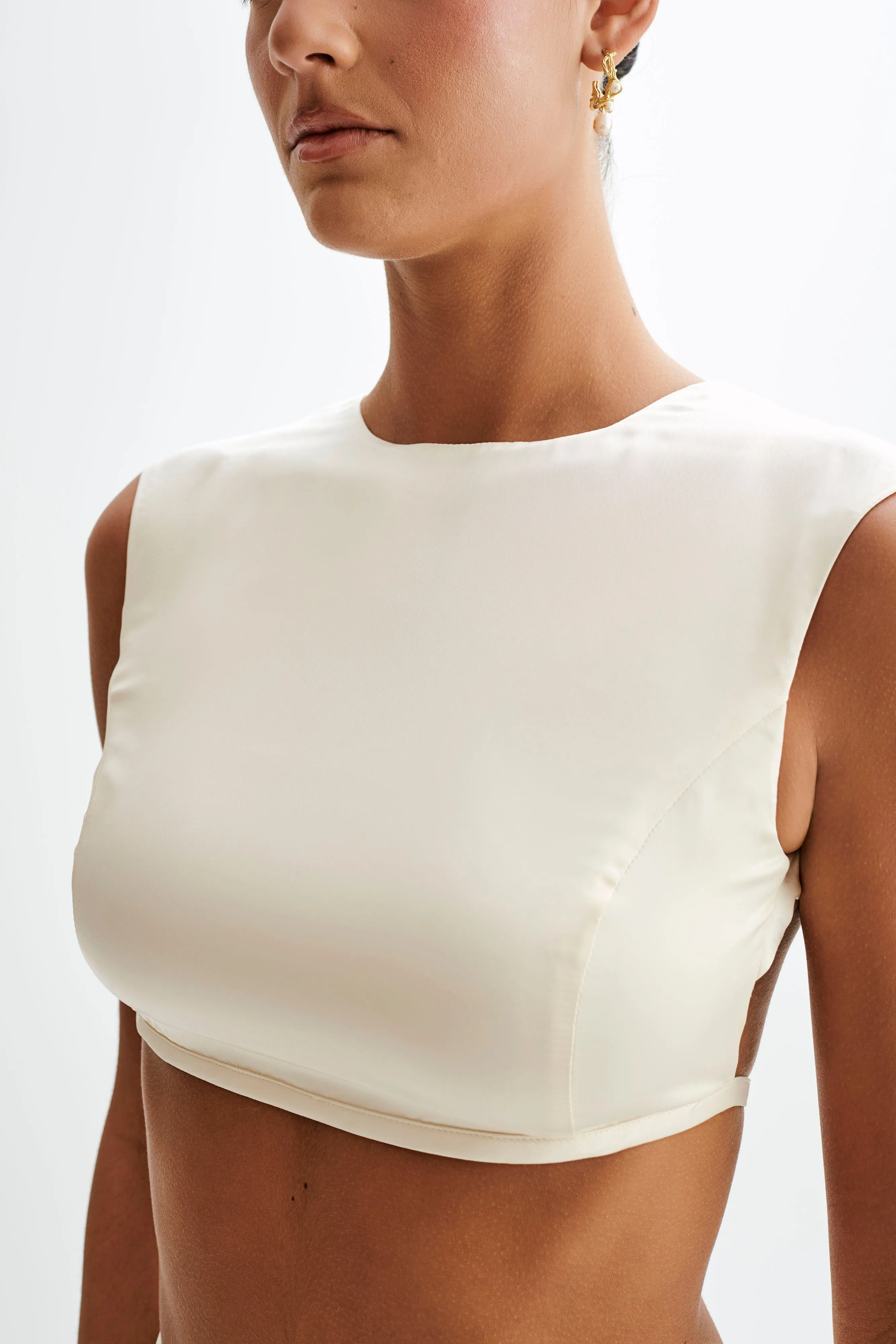 Viviana Satin Sleeveless Crop Top - Ivory Slim Fit Shirt