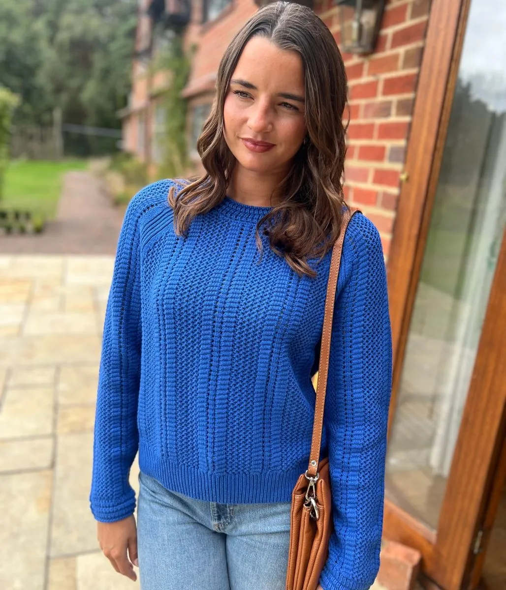 Comfy and Cozy Blue Cotton Blend Textured Jumper