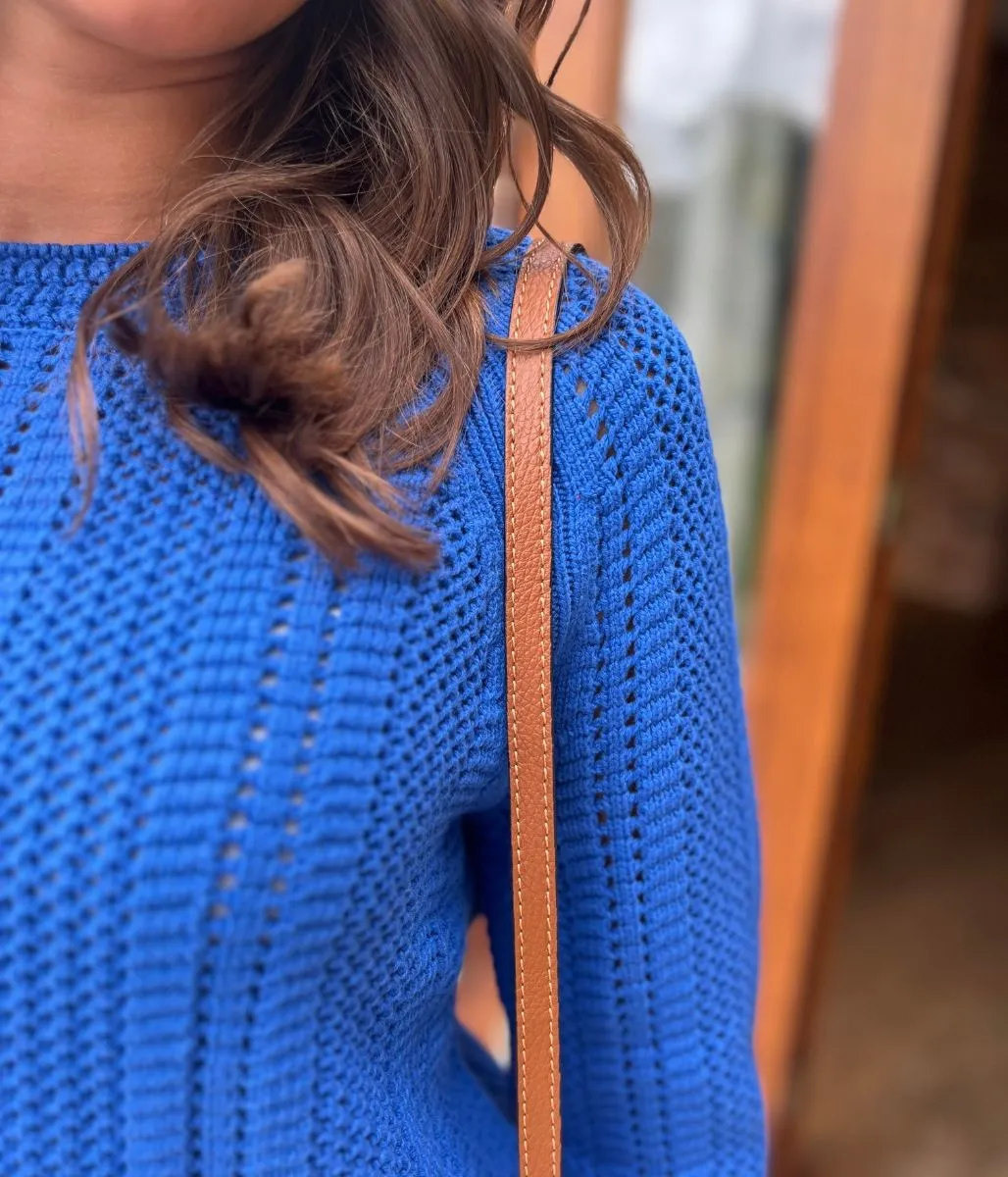 Breathable Mesh Panels Chilly Weather Knit Blue Cotton Blend Textured Jumper