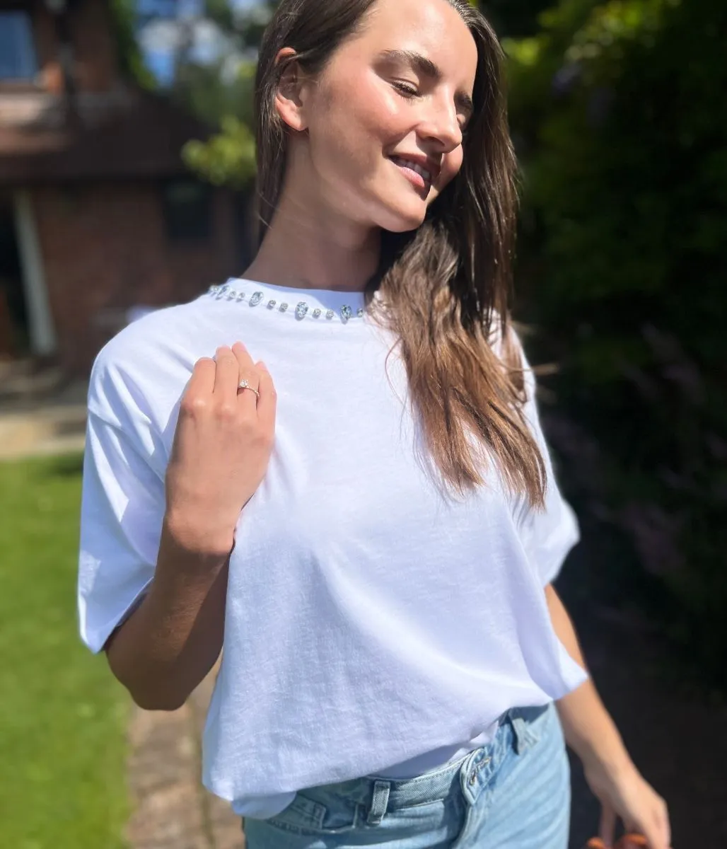 White Embellished Collar Relaxed T Shirt Winner Vibe Sporty Joggers