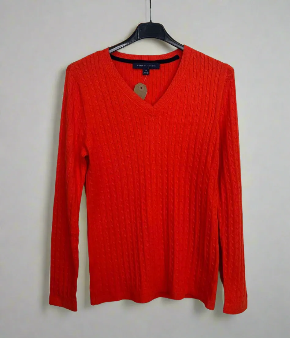 Orange V Neck Cable Twist Jumper Layering Comfort
