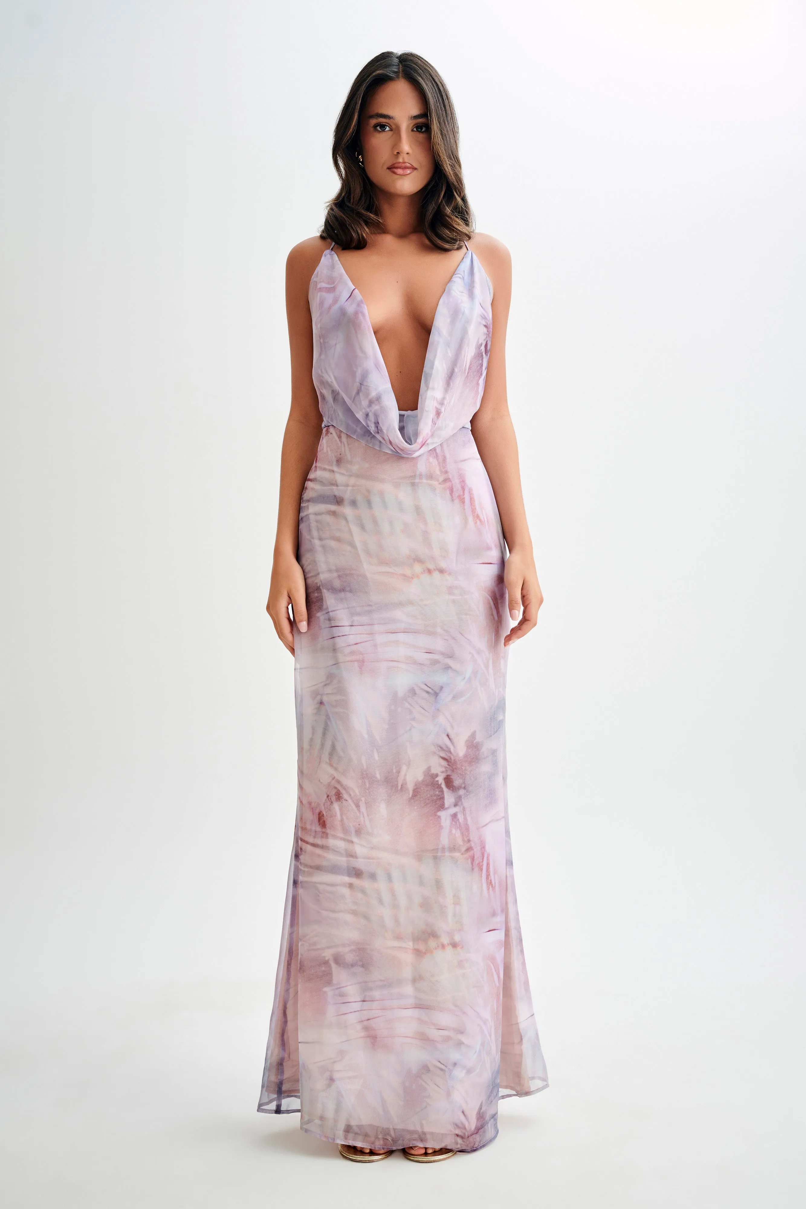 Elegant Comfort Attina Cowl Chiffon Maxi Dress - Mermaid Shell Print