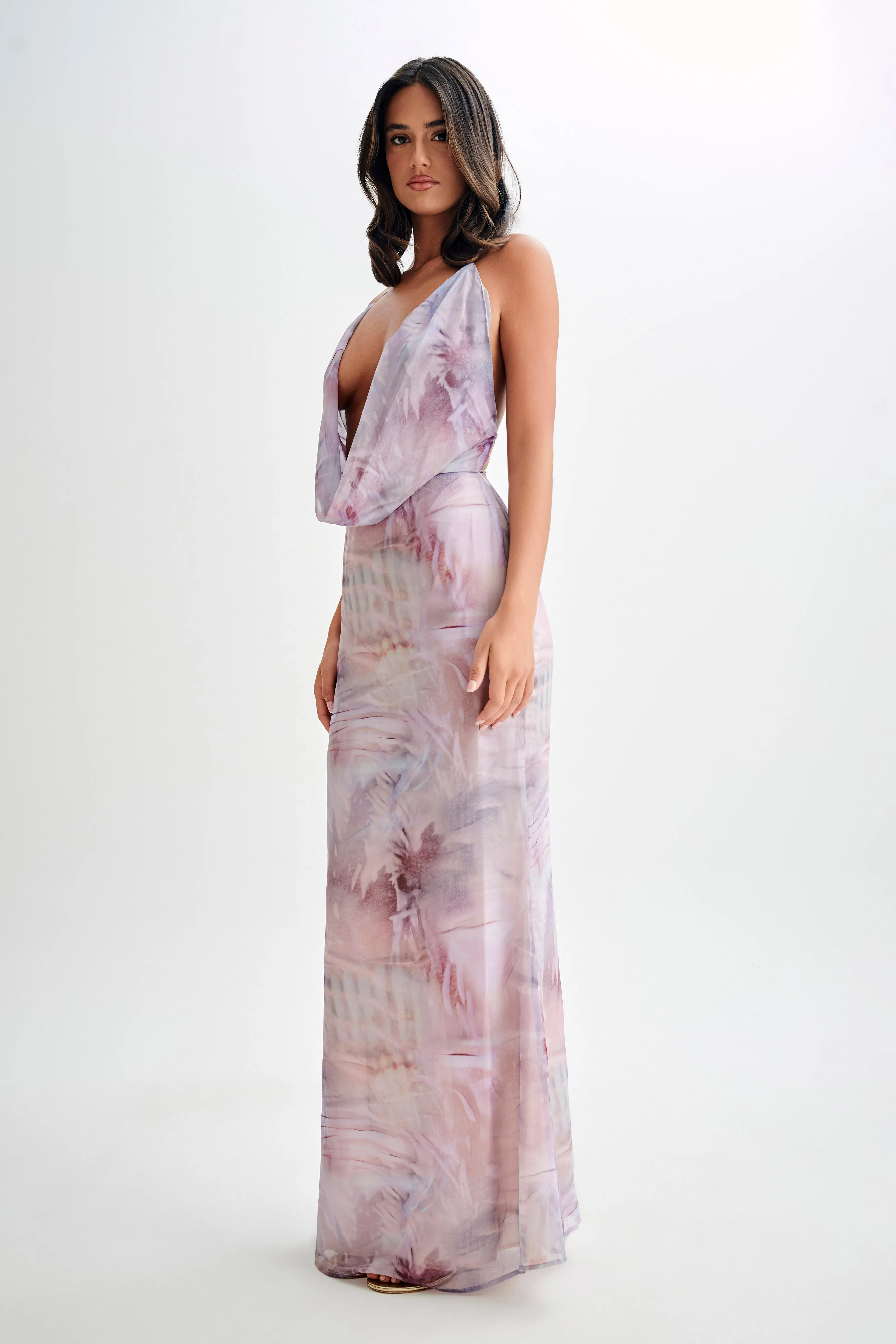 Attina Cowl Chiffon Maxi Dress - Mermaid Shell Print Sleek and Simple Comfy Fit Wear