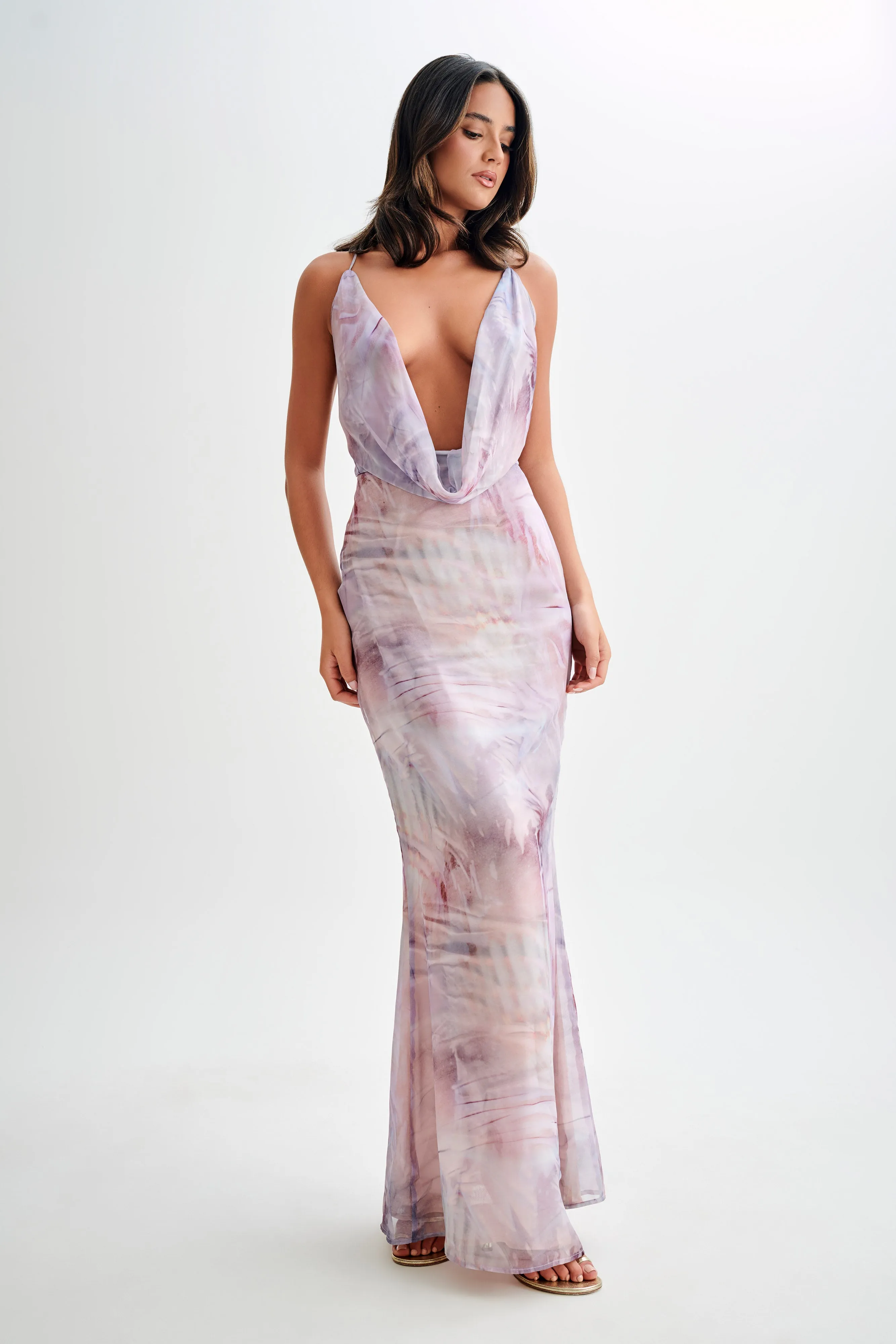 Hot Now Attina Cowl Chiffon Maxi Dress - Mermaid Shell Print