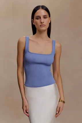 Breathable Knit Fabric Aisling Ribbed Square Neck Sleeveless Top - Cornflower Blue