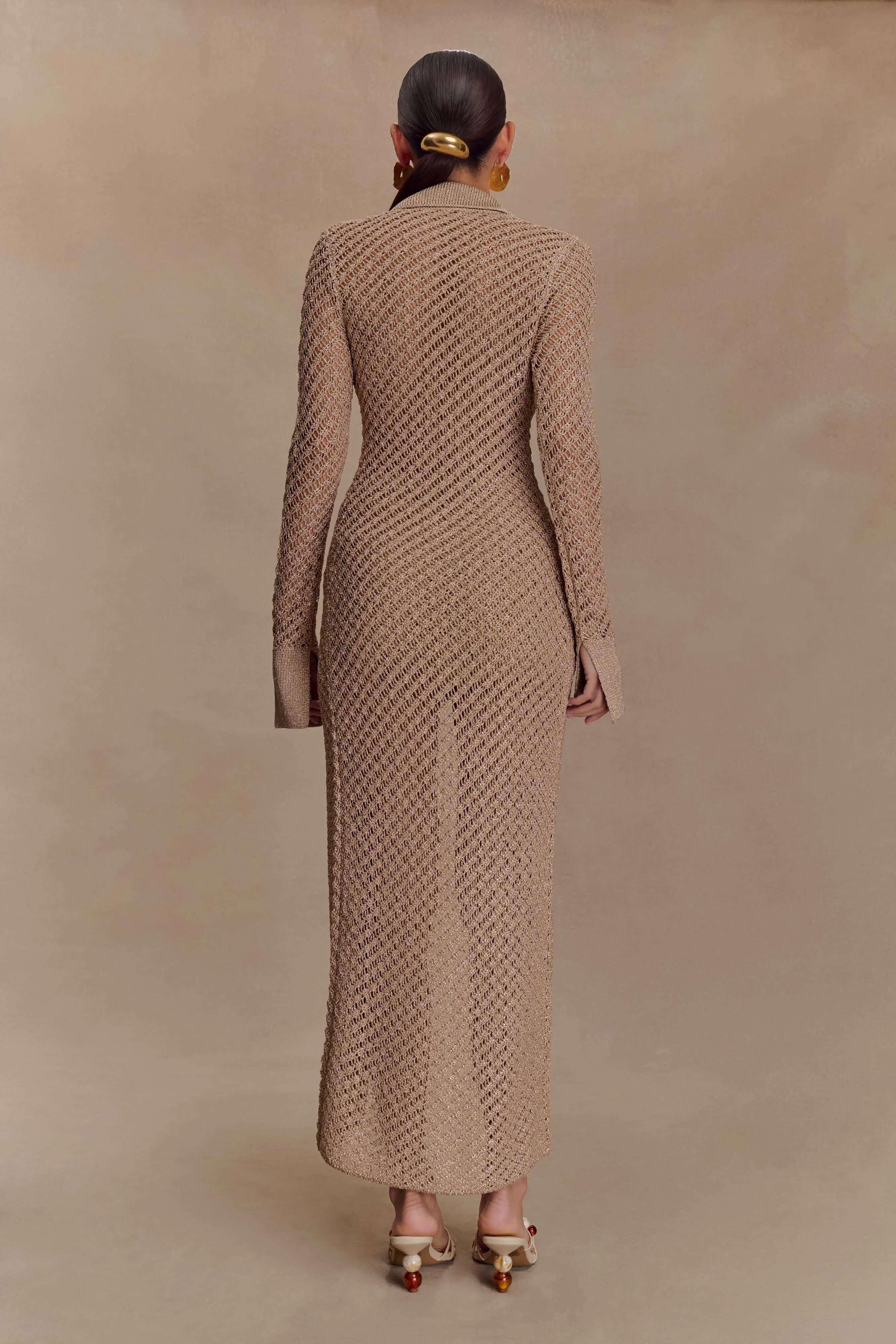 Layered Ply Construction Long Sleeve Polo Waverley Metallic Knit Swim Cover Up - Gold