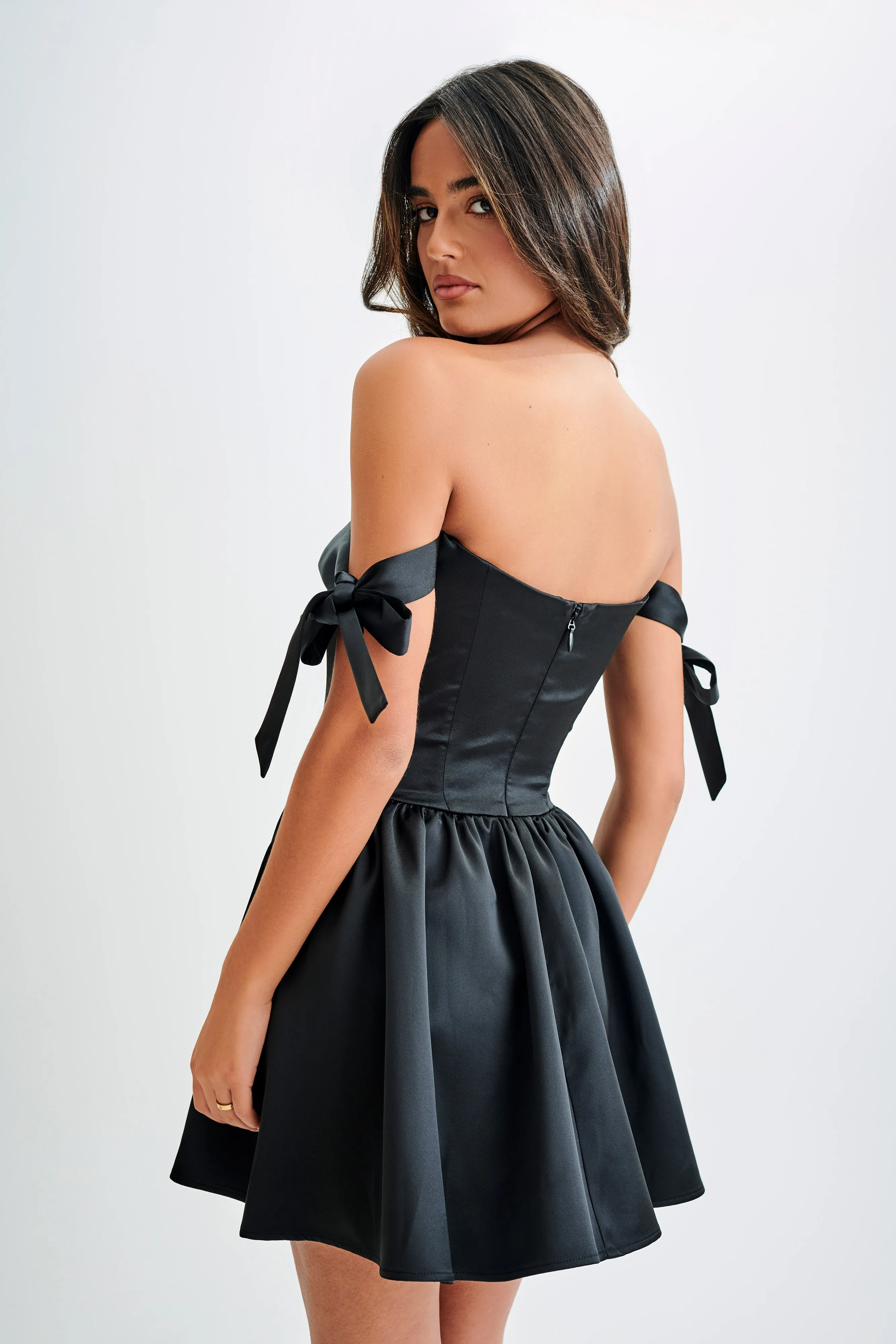 Rita Satin Mini Dress With Bow Sleeves - Black Fringe-Detail Sophisticated Layers