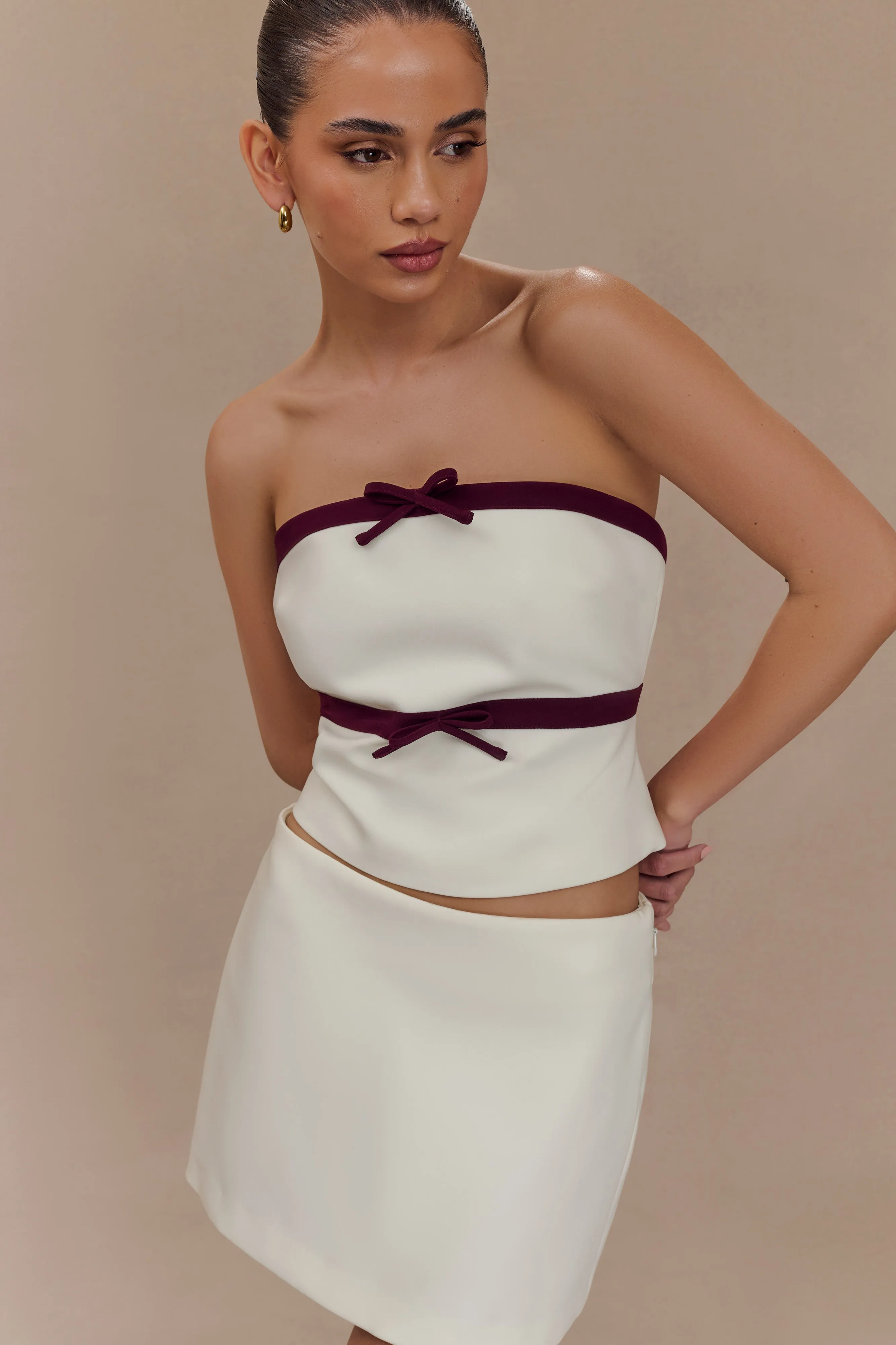 Aisha Strapless Suiting Top With Contrast Bows - Ivory Layered Collar Design All Day Comfort