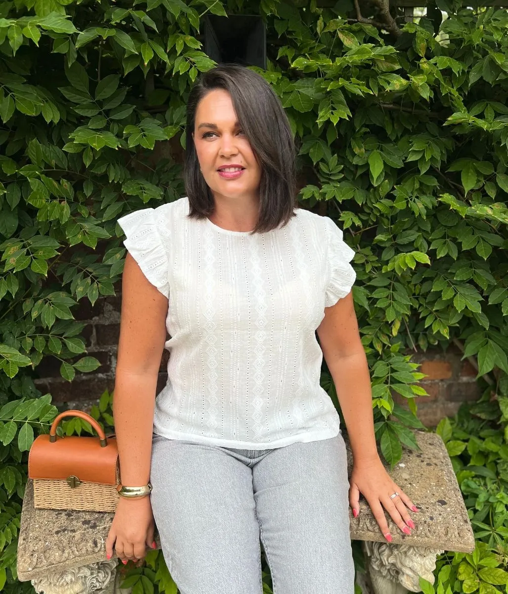 AntiFadeTechnology White Frill Sleeve Broderie Anglaise Top