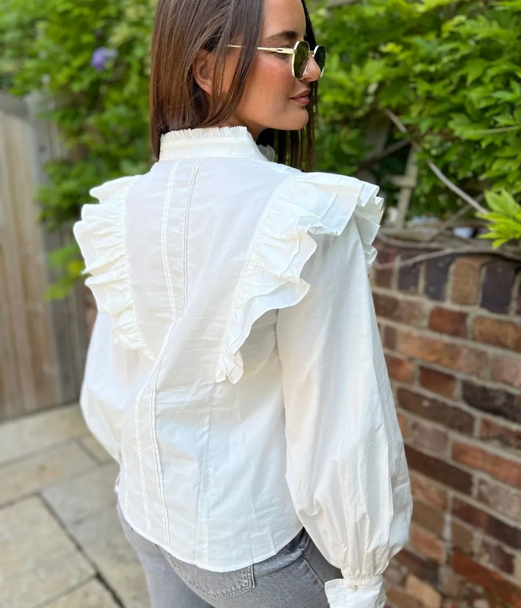 White Ruffle Broderie Puff Sleeve Blouse Ergonomic Cut