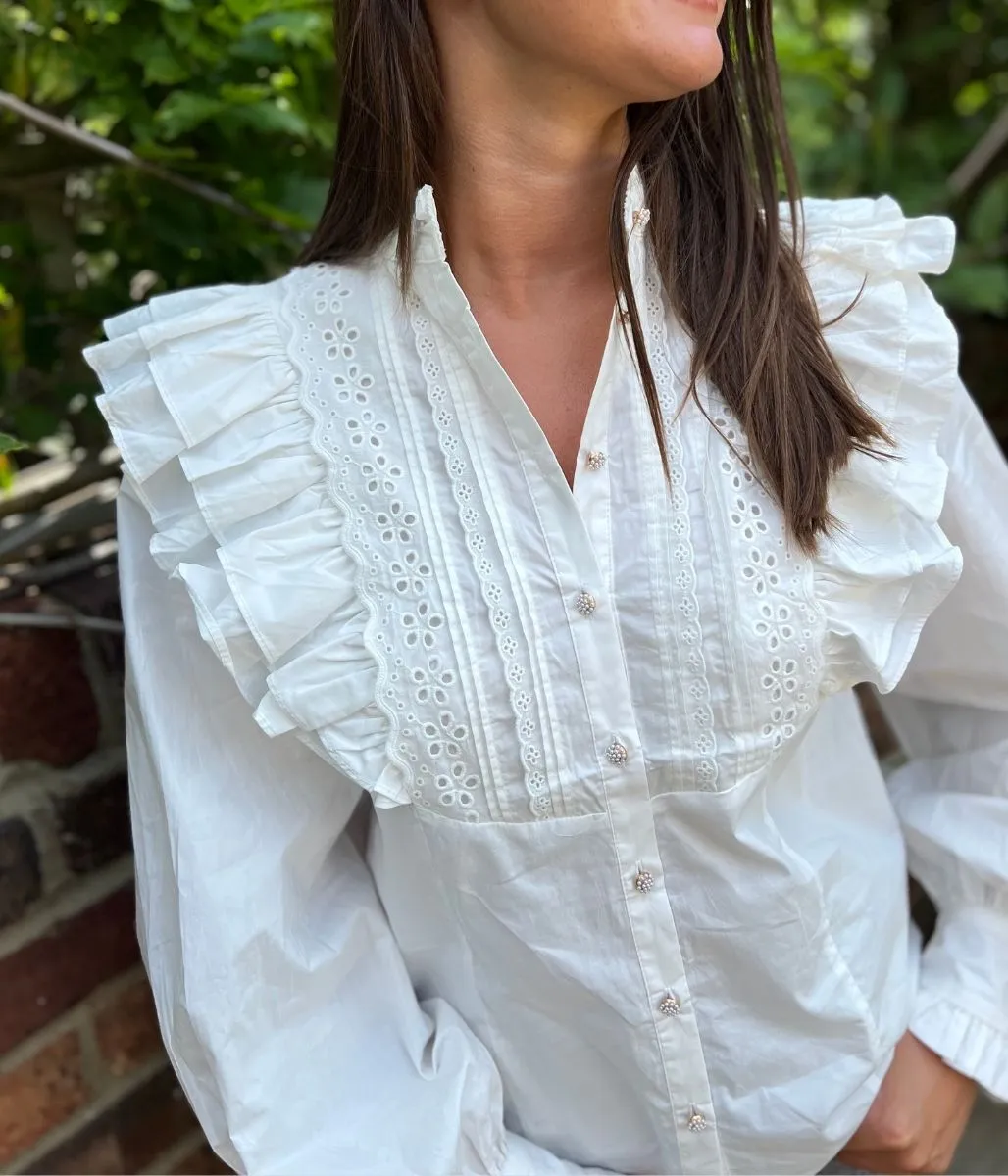 White Ruffle Broderie Puff Sleeve Blouse Cloud Core