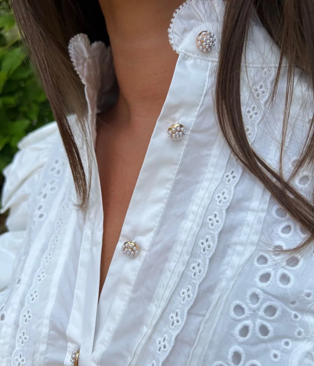 White Ruffle Broderie Puff Sleeve Blouse BiasCut Trims