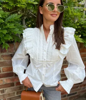 White Ruffle Broderie Puff Sleeve Blouse Sharp Edge FrictionResistantFabric