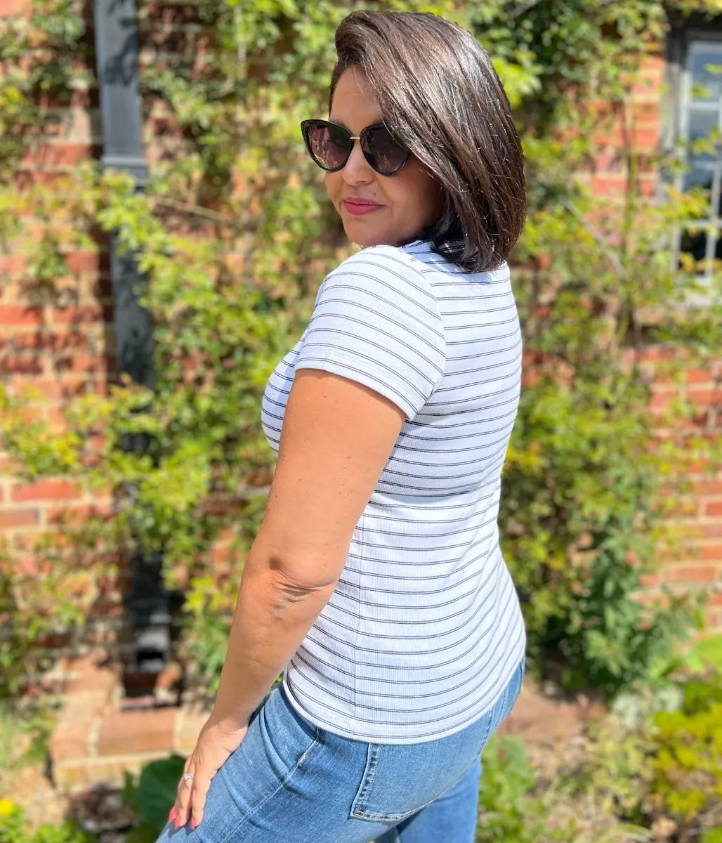Vacation Mood SkinFriendlyElastic White Striped Cotton Rich Ribbed Tee