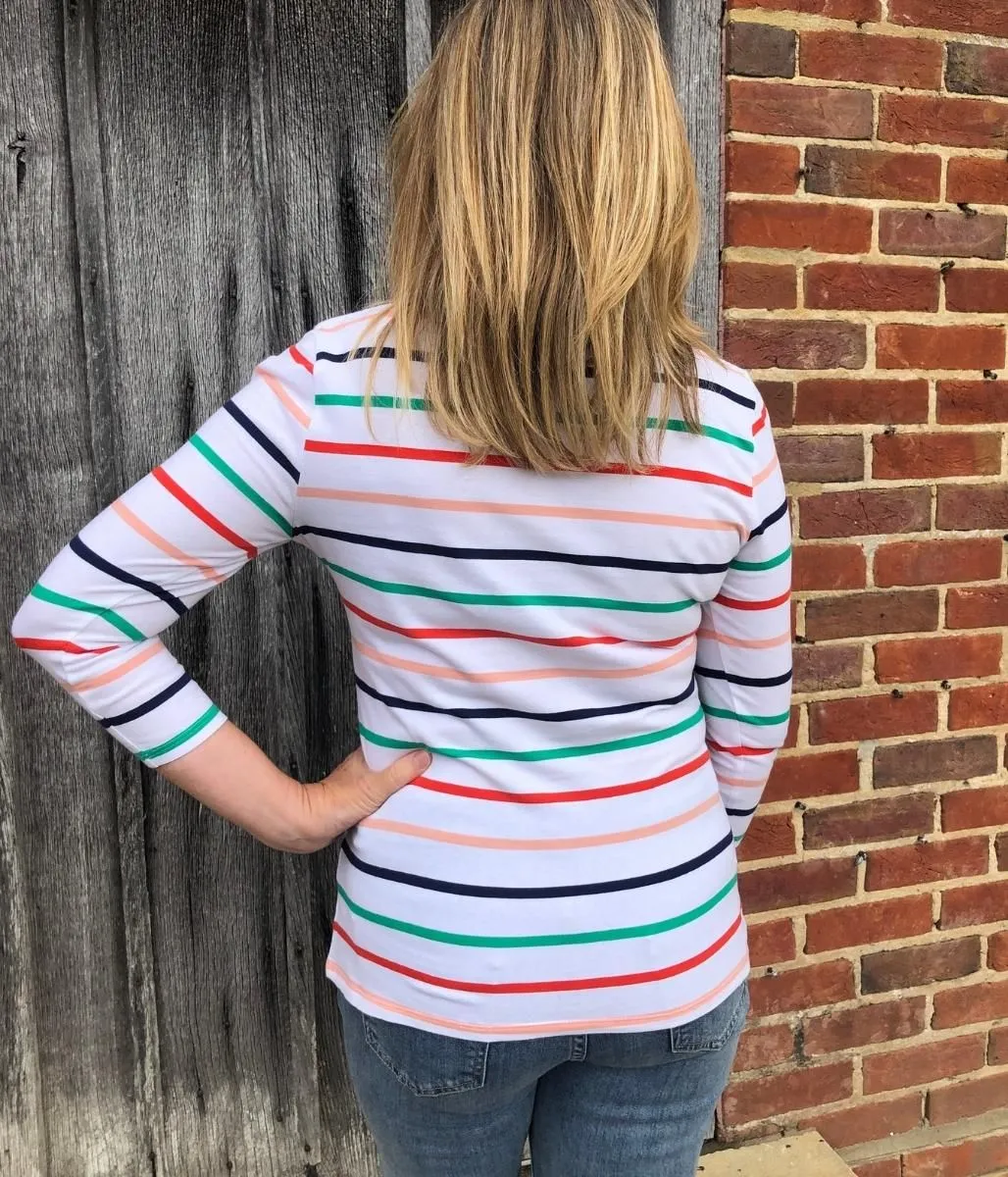 Kind Soul FlatlockStitching White Striped Slash Neck Top 6