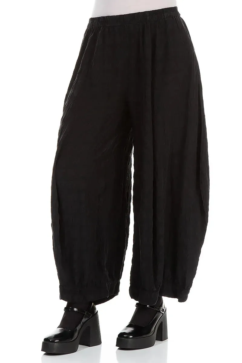 Wide Bubble Black Silk Trousers ElasticWaistband Smart Utility