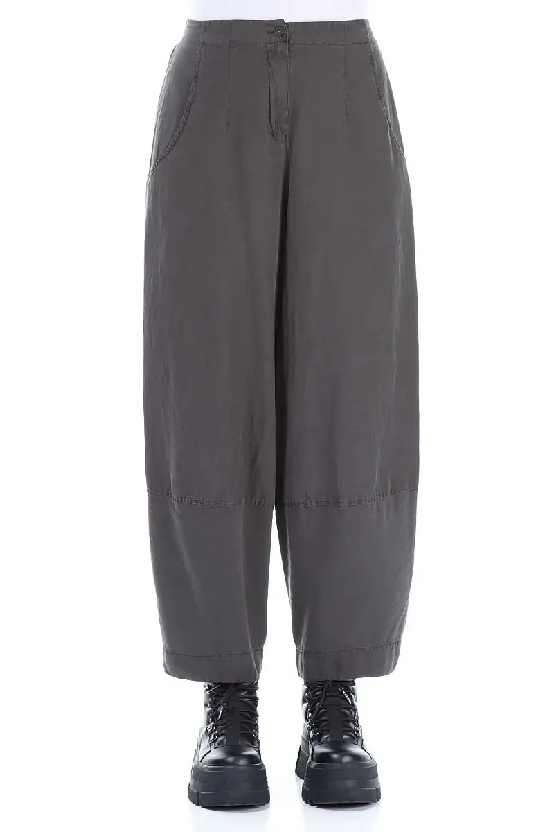 Travel-Ready Elasticized Cuffs Wide Cropped Forest Brown Silk Linen Trousers
