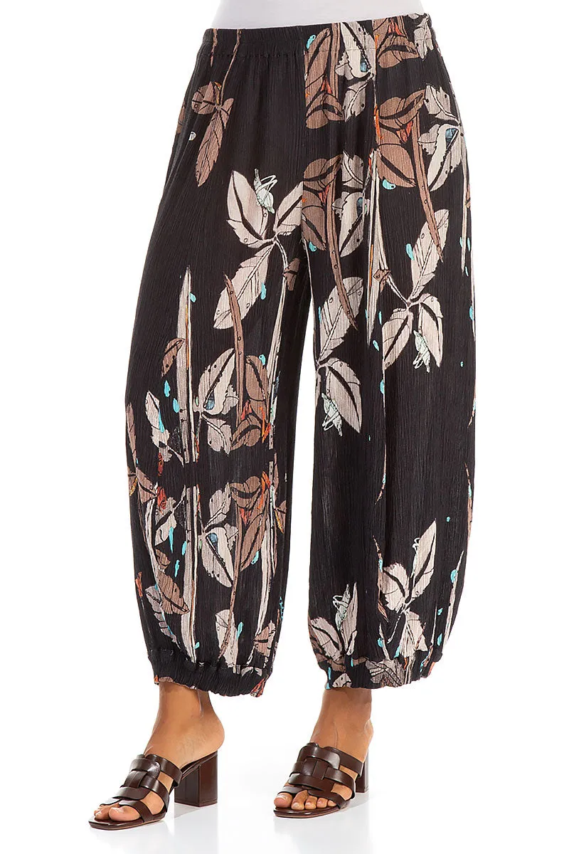 Wide Leaves Print Silk Viscose Trousers Low Rise Fit Relaxed Waist