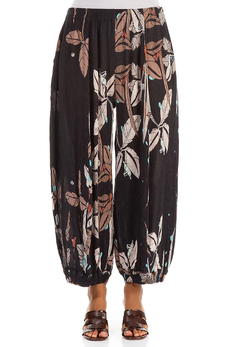 Relaxed Design Wide Leaves Print Silk Viscose Trousers