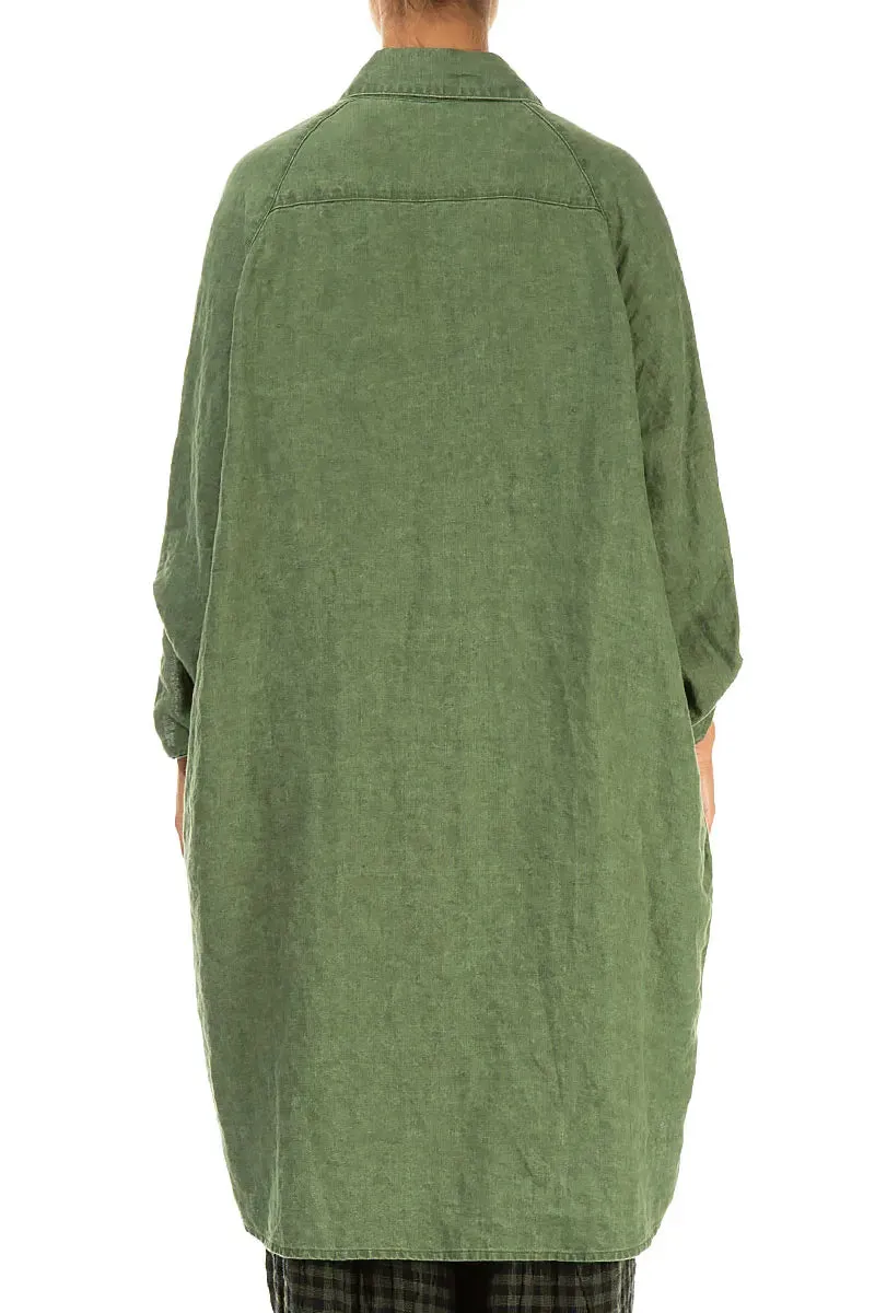 Wide Loose Dark Sage Linen Shirt Daytime Look