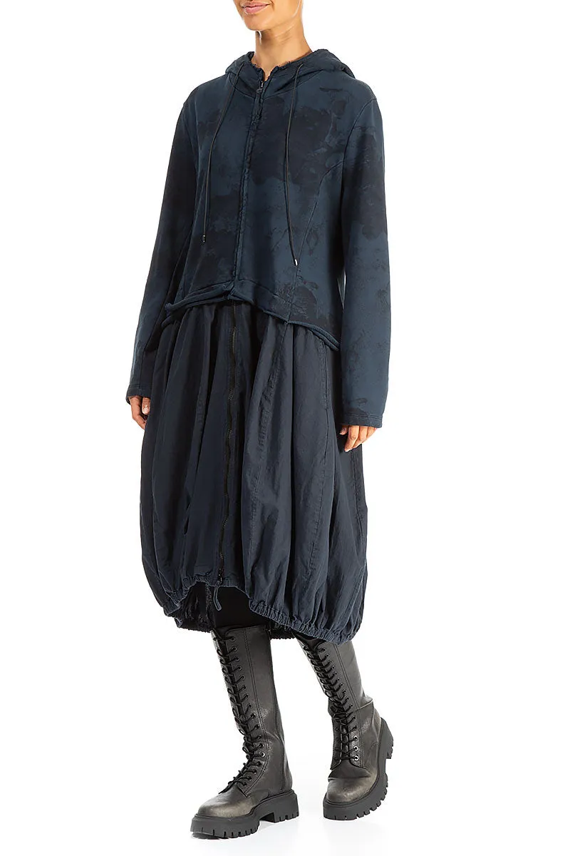 Low Profile Collar Design Hooded Midnight Blue Alabaster Cotton Jacket Dress