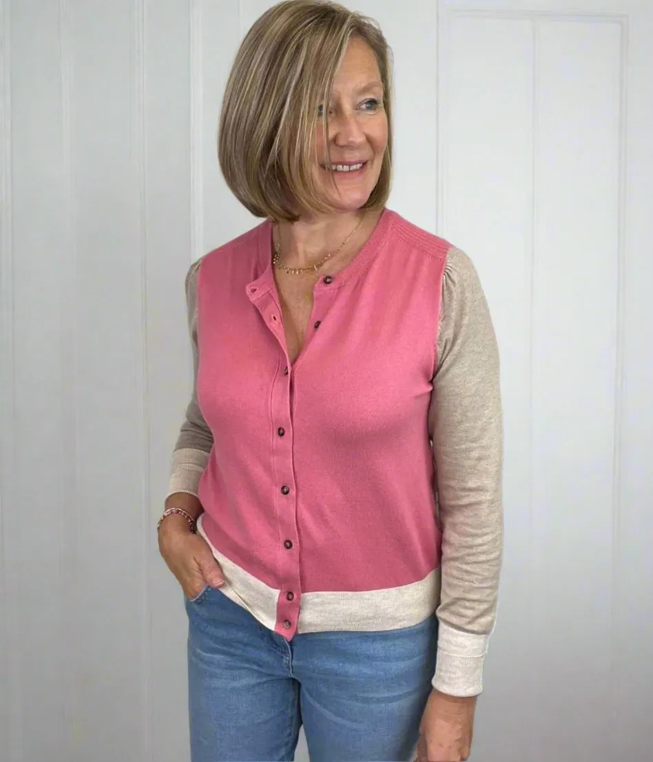 Womens Pink Colour Block Cardigan Loose Weave Comfy Wear Fit