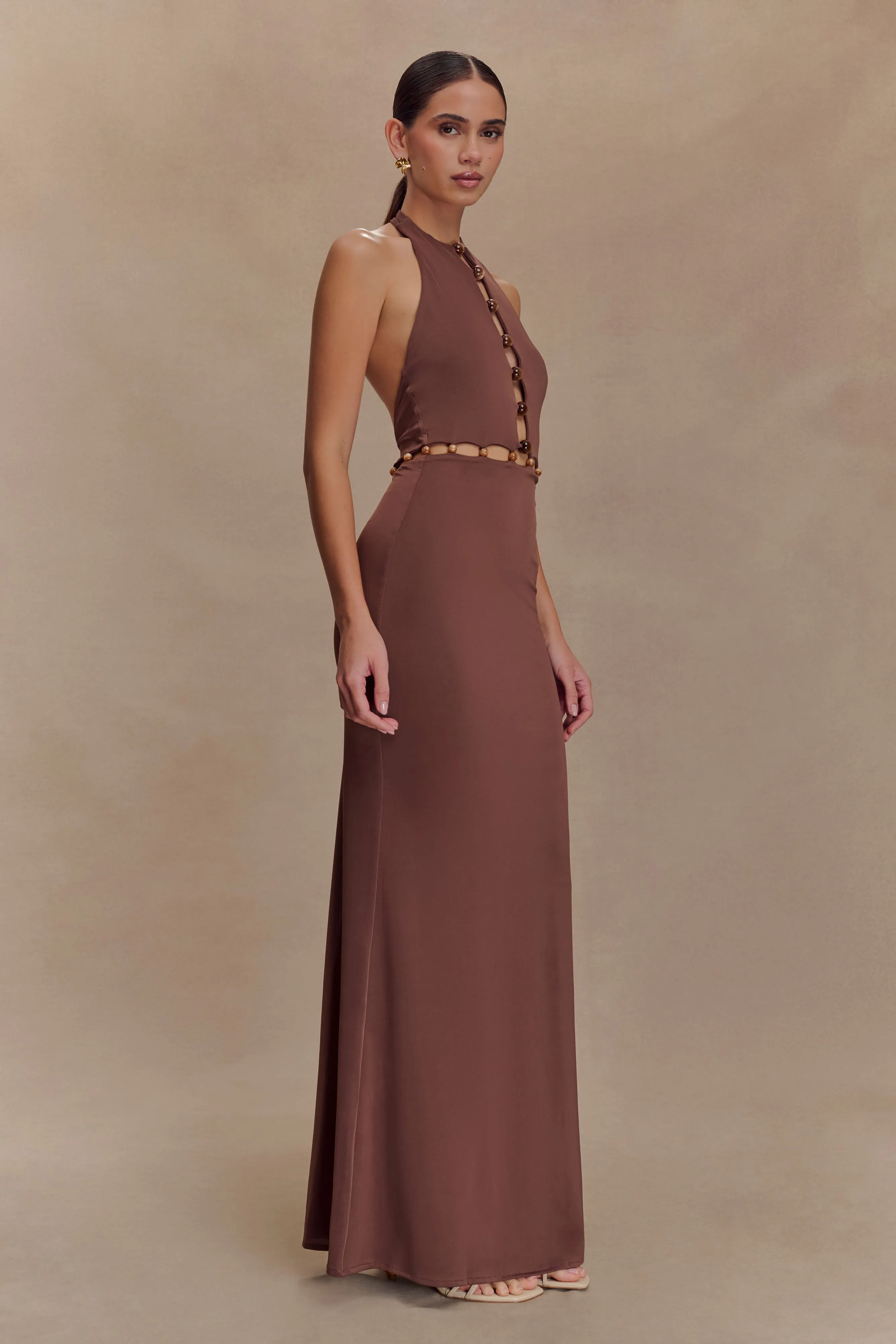 Fashionable Look Albion Beaded Slinky Maxi Dress - Chocolate