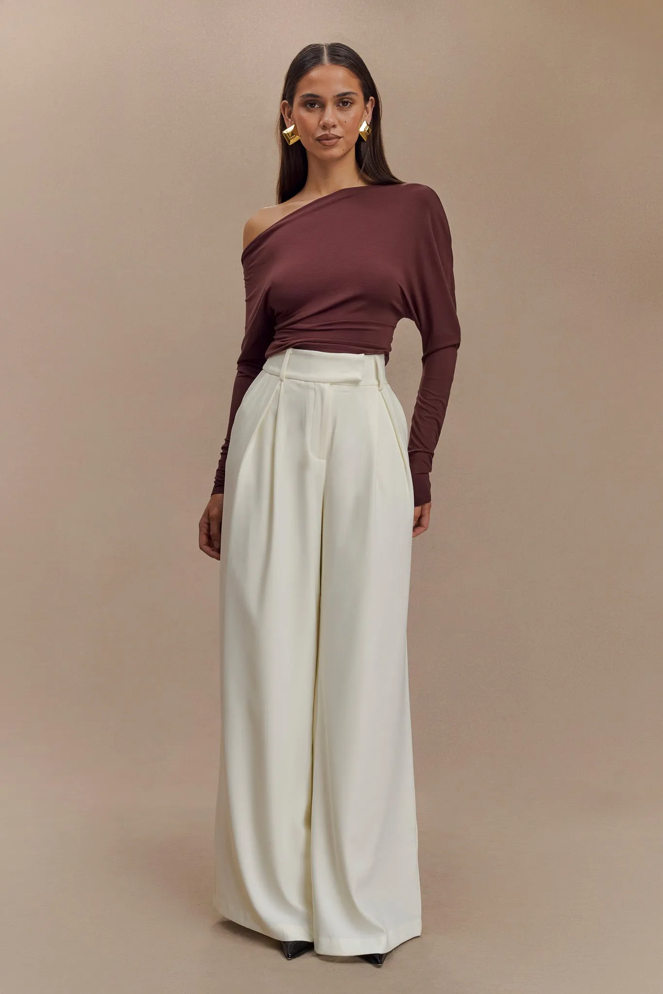 Layered Collar Yasmin Asymmetrical Long Sleeve Top - Mahogany